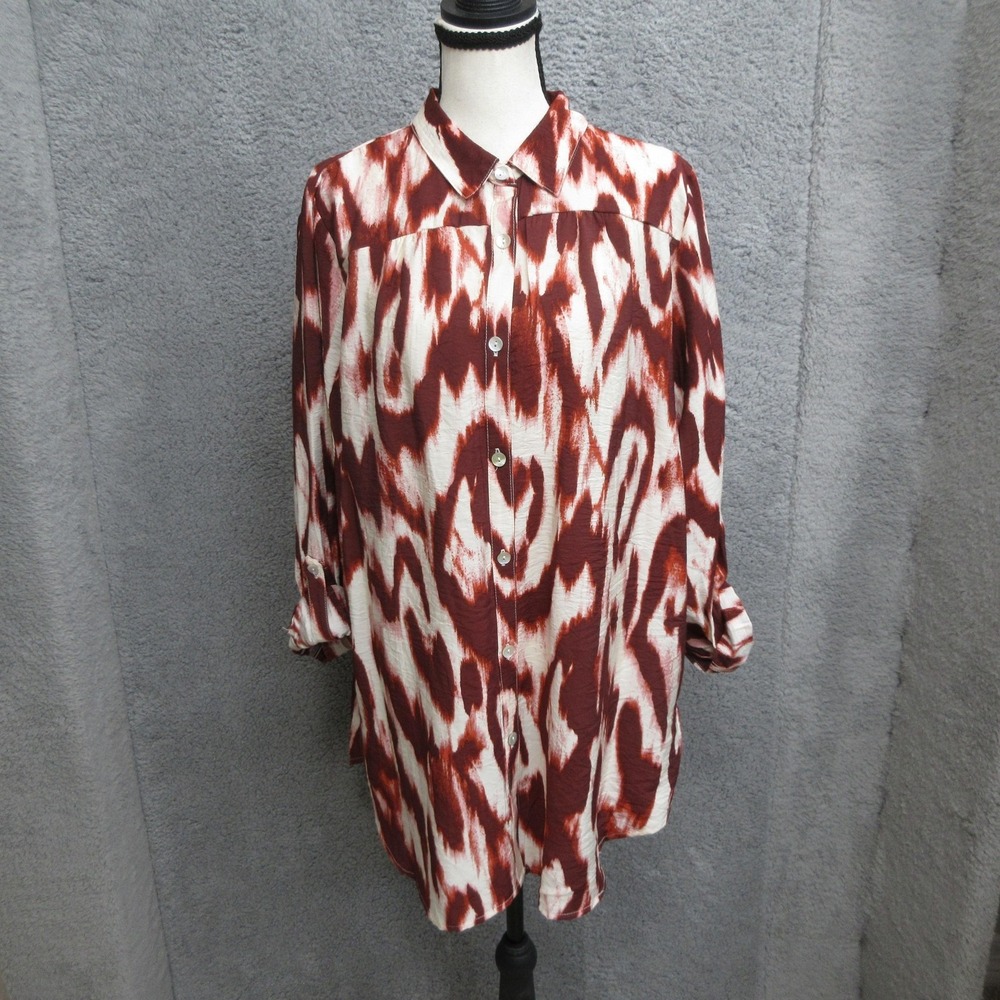 Fig And Flower Abstract Ikat Shirt Women‎ XL Red Roll Tab Boho Rayon Relaxed
